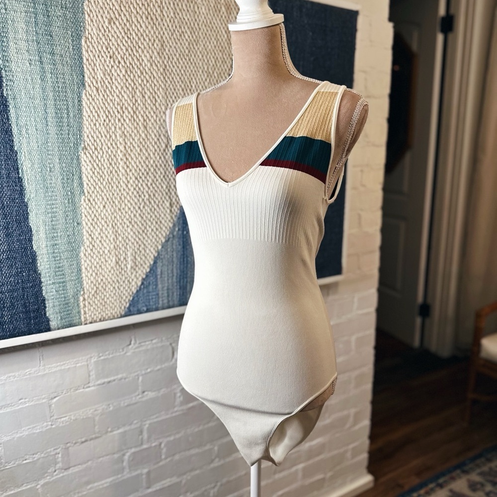 NWOT Xhilaration Creamy Ribbed BodySuit with Teal and Gold Accents